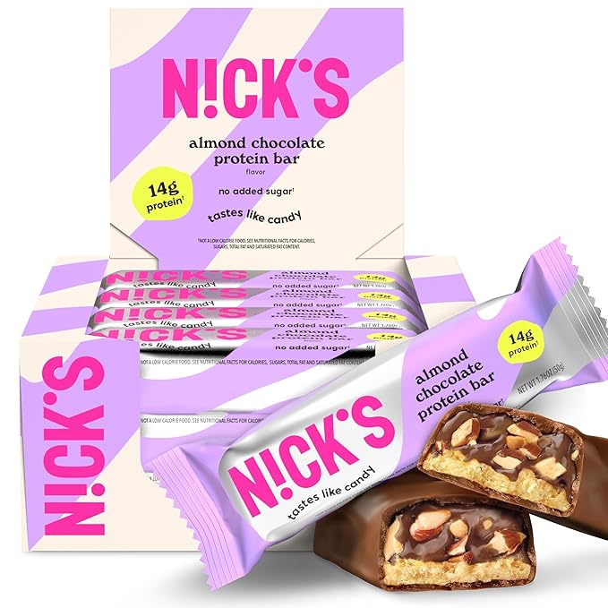 Nick’s Protein Bars Almond Chocolate – 12-Count Box | Protein-Packed Snack Low Calories Low Carbs Keto Friendly No Added Sugar (12 bars x 50g)