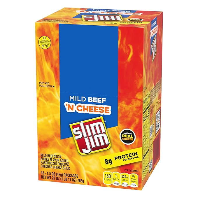 Slim Jim Beef 'N Cheese Smoked Meat Sticks Mild Flavor 8g Protein Per Serving Easter Basket Stuffer for Men 1.5 oz. (18 Count)