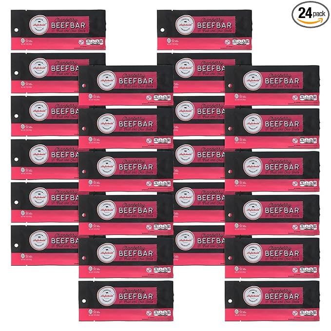 Aufschnitt Beef Bars - High Protein Snack with Grass Fed Beef - Kosher and Keto Friendly - Cranberry Flavor with Real Fruit and Chia Seeds 24 Count