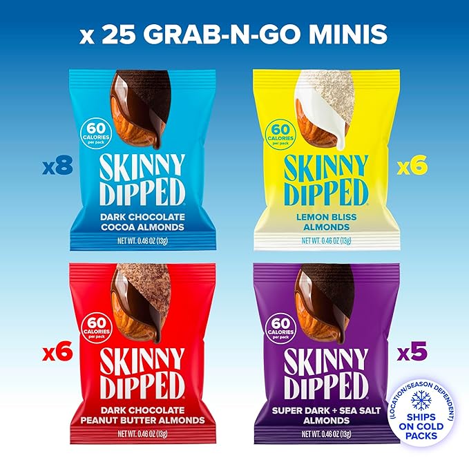 SkinnyDipped Snack Attack Minis Almond Variety Pack Healthy Snack Plant Protein Gluten Free 0.46 oz Mini Bags Pack of 25