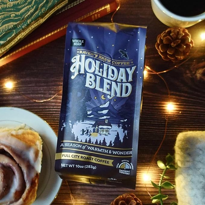 Raven's Brew Coffee Holiday Blend Whole Bean Coffee - Premium 10oz Full City Roast with Molasses Spices &amp Baker's Chocolate Notes | Seasonal Celebration Medium Roast for Christmas &amp Fall