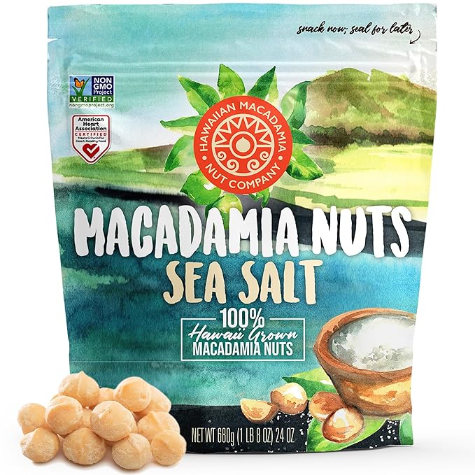 Hawaiian Macadamia Nut Company Dry Roasted Macadamia Nuts with Sea Salt 24 Oz Source of Fiber Gluten-Free and Certified Non-GMO Premium Quality Crunchy and Delicious