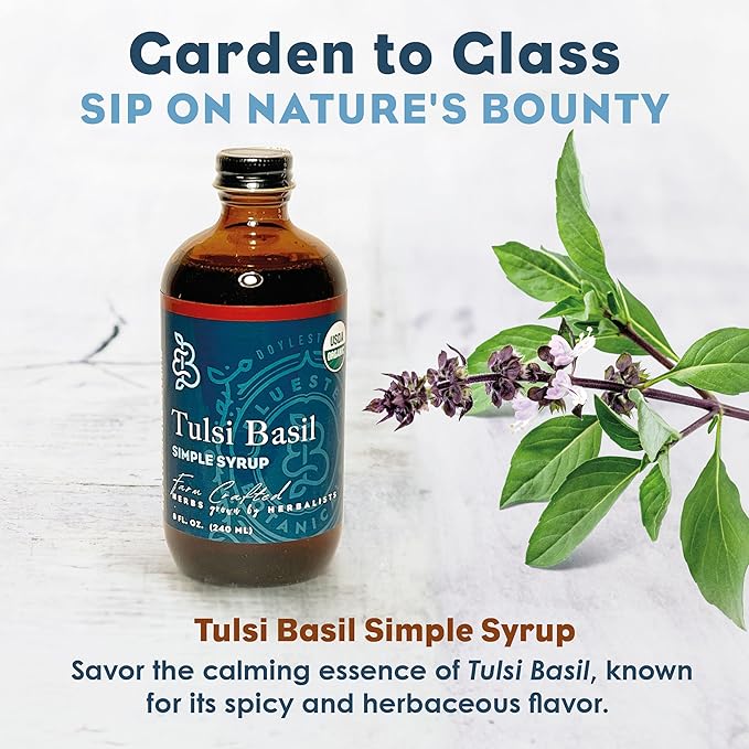 Bluestem Botanicals Organic Tulsi Basil Simple Syrup 8 oz Cocktail and Mocktail Mixer for Drinks Non-Alcoholic