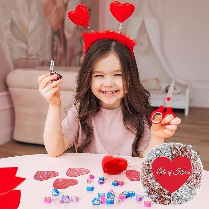 Valentine's Chocolate Candy Gift Box Hershey Milk Chocolate Kisses Assortment in Red and Silver Foils Heart Adorned 6 Sectional Tray Gift Basket for Wife Husband Couples Friends Men and Women