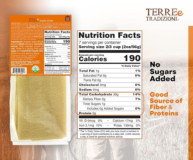 TERRE E TRADIZIONI 6 PACKS ORGANIC ITALIAN SEMI WHOLE DURUM LASAGNA PASTA – Sicilian Ancient Grain Timilia Vegan Crafted in Italy. LOW-GLUTEN INDEX. Has 6X More Fiber and Protein than Popular Grains
