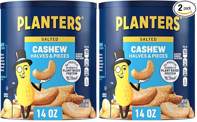 PLANTERS Salted Cashew Halves &amp Pieces Party Snacks Plant-Based Protein 14 Oz Canister (Pack of 2)
