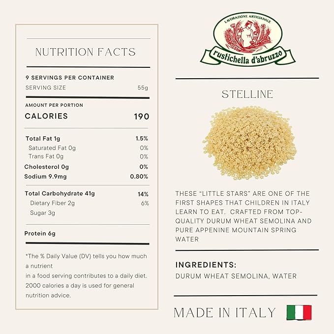 Rustichella d'Abruzzo Stelline Pastina Small Star-Shaped Pasta Perfect for Broths Soups &amp Comfort Dishes Made with Durum Wheat Semolina Ideal for Kids &amp Adults Authentic Italian from Abr
