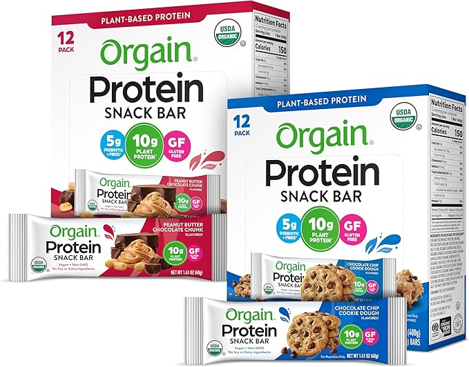 Orgain Organic Vegan Protein Bars Bundle - Chocolate Chip Cookie Dough &amp Peanut Butter Chocolate Chunk - 10g Plant Based Protein Gluten Free Non-GMO - 1.41 Oz (2 Pack of 12)