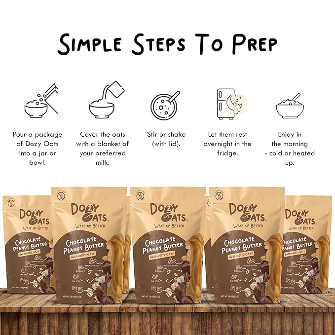 Dozy Oats Overnight Oatmeal Packets Chocolate Peanut Butter Multipack with Rolled Oats Chia Seeds and Date Powder. Gluten-Free Natural Source of Protein and Fiber 16-Pack