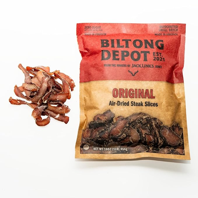 Biltong Depot Lean Original Biltong Slices - 1lb (16oz) | Air-Dried Beef Jerky Snack | High Protein | Paleo &amp Keto Friendly | Zero Sugar | Gluten Free | No Artificial Preservatives | No MSG