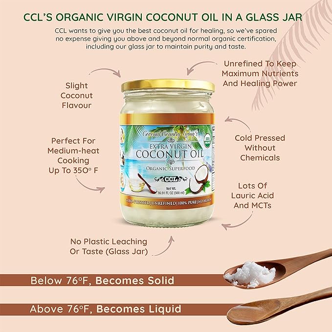 Coconut Country Living's Extra Virgin Coconut Oil in Glass Jar- Cold Pressed Unrefined organic Superfood for Hair Skin Beauty Cooking - Keto &amp Paleo Diet Friendly - 33.81 oz