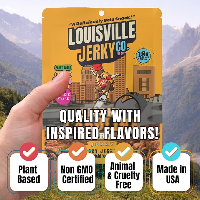 Louisville Jerky Co. Sweet &amp Smoky Carolina Mustard BBQ Vegan Jerky Plant Based Protein Snack (3 Ounce 10-Pack) – Smoky Southern BBQ Flavor Gluten-Free Vegetarian