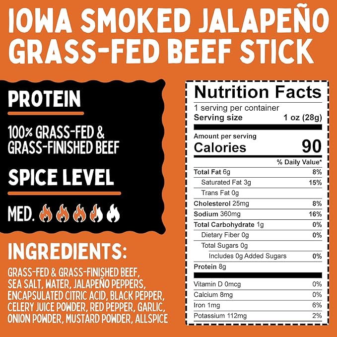 Jalapeño - Iowa Smoked Recipe Sogo Snacks Sugar Free Beef Jerky Non-GMO Grass Fed Beef Sticks. No Nitrates Gluten Soy MSG Dairy or Nuts. Paleo Whole30 &amp Keto Snack (Jalapeno-ISR 12 Cnt)