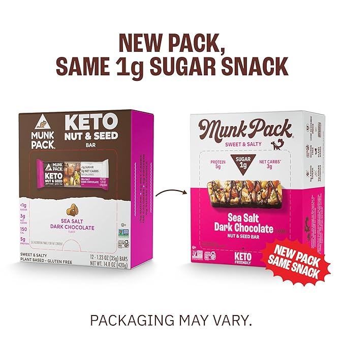 Munk Pack Nut &amp Seed Bars Sea Salt Dark Chocolate Prebiotic Probiotic GLP-1 Snack Gut Friendly 5g Fiber 5g Plant Protein Gluten Free Keto No Sugar Alcohols 3g Net Carb 12 Count