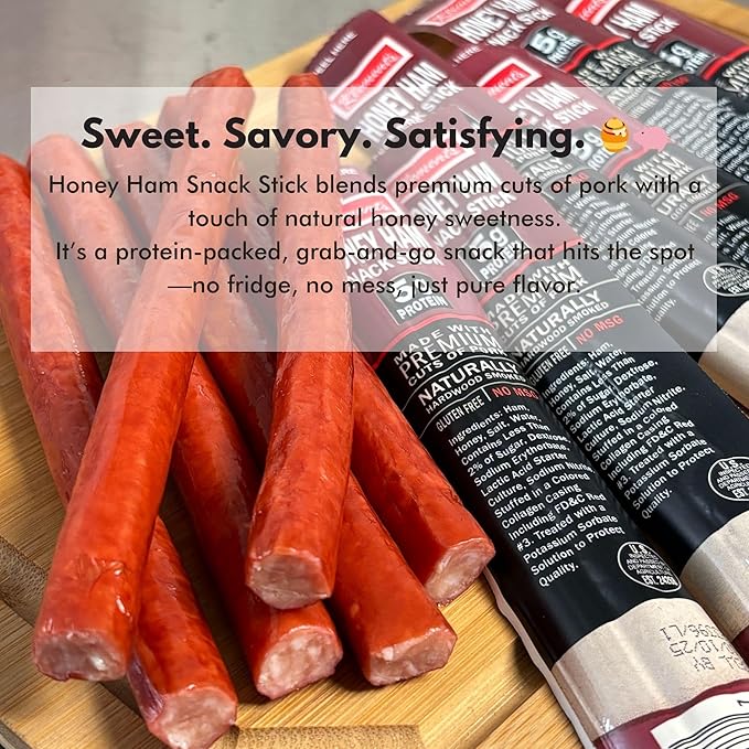 Jerky.com Honey Ham Pork Jerky Snack Sticks 26 Pack (24 + 2 Bonus) | 5g Protein 90 Calories Gluten-Free Individually Wrapped Keto Friendly Low Carb Snack | Delicious Sweet &amp Savory Jerky Meat
