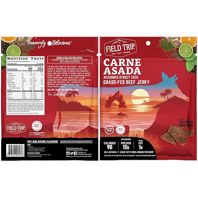 Field Trip Grass Fed Beef Jerky Healthy Gluten Free Snacks All Natural High Protein Low Carb Snack with No Nitrates 2.2oz 4 Pack Carne Asada