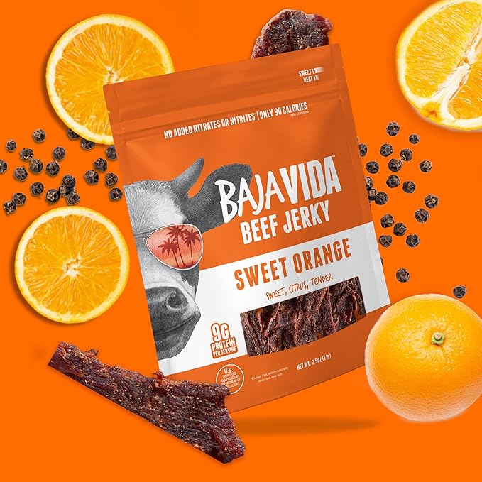 BAJA BEEF Baja Vida Sweet Orange Beef Jerky - Beef Jerky Snack Packs Healthy Jerky Gluten-Free All-Natural Beef No MSG Made in the USA - 2.5 Oz (Pack of 3)