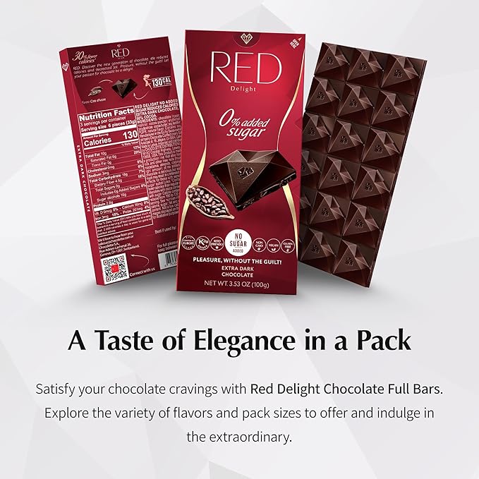 Red Delight Extra Dark Chocolate Bars - 3.53 oz Pack of 8 - Keto-Friendly Vegan Treat - European-Made Smooth Low-Carb Indulgence - Kosher Gluten-Free No Added Sugar Guilt-Free Snack