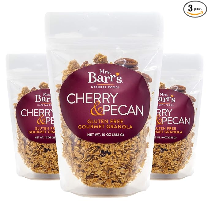 Mrs. Barr’s Natural Foods Granola | Cherry &amp Pecan | Certified Organic Gluten Free Oats | Soft Texture | Small Batch | Gourmet Quality | Real Ingredients | 10 Ounces (3 Pack)