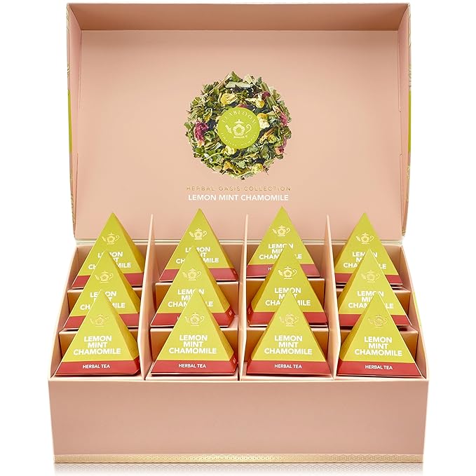 Teabloom Lemon Mint Chamomile Pyramid Tea Presentation Box 12 Herbal Tea Blends Whole-Leaf Pyramid Tea Sachets