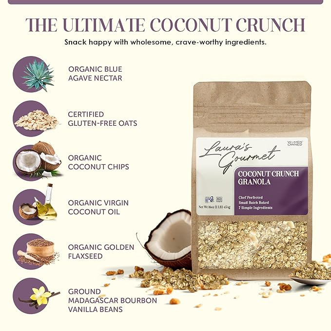 Laura's Gourmet Granola - Coconut Crunch - Gluten Soy &amp Dairy Free - Organic Agave Crunchy Coconut Chip Organic Oil Vegan Chef's Trifecta of Taste Texture &amp Mouthfeel - 16 OZ - 2 Pack