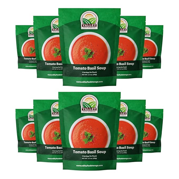 Valley Food Storage Tomato Basil Soup | 10-Bag Bucket 50 Servings | Premium Emergency Food Supply with 25 Year Shelf Life | Survival Meal Kits Prepper Food Camping &amp Off-Grid Living Supplies |