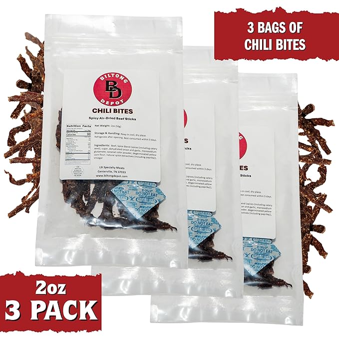 Biltong Depot Chili Bites - 2oz (3 Pack) | Thin Sliced Air-Dried Beef Sticks | Spicy Beef Jerky Snack | High Protein | Keto &amp Paleo Friendly | Zero Sugar | Gluten Free