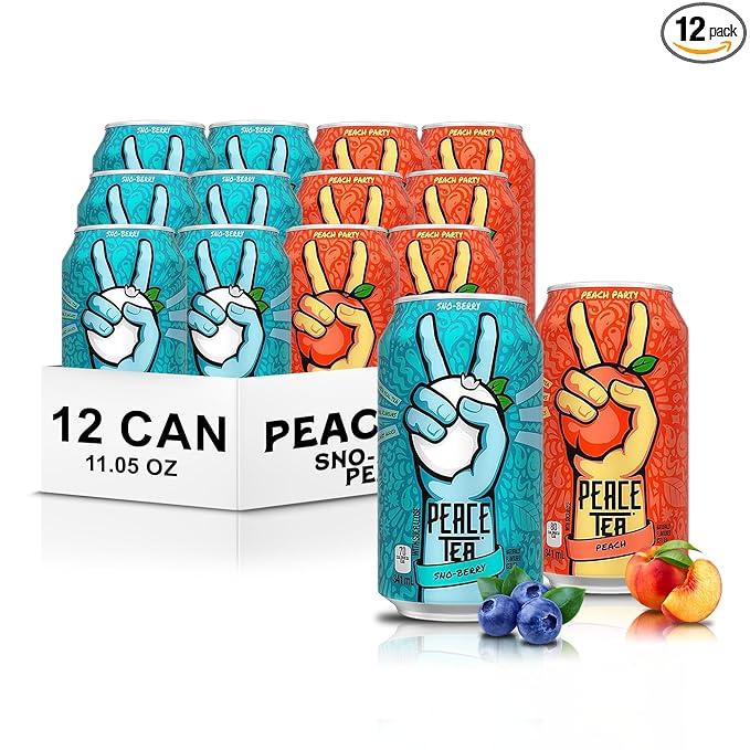 Peace Tea Sno Berry and Peach - No Preservatives Made with Real Tea and Natural Fruity Flavor - Pack of 12 Iced Tea Cans (6 Cans of Sno Berry 6 Cans of Peach) 2 Flavors 341 mL/11.5 fl. oz - Shippe