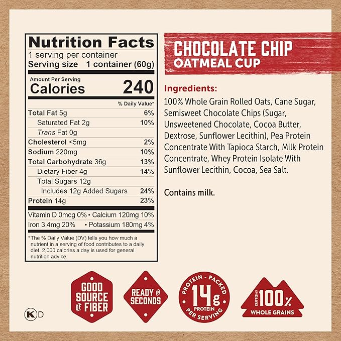Kodiak Cakes Instant Protein Chocolate Chip Oatmeal in a Cup 2.12oz (Pack of 12)