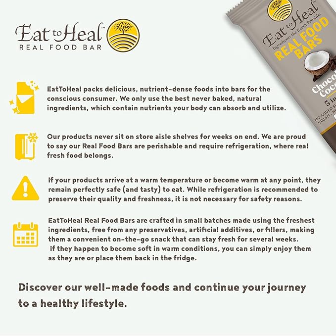EatToHeal Chocolate Coconut Real Food Bar - Organic Vegan Healthy Gluten Free Protein Bars - Low Sugar Meal Replacement Bar Non GMO Never Baked Plant Based - Crafted to Enjoy Not Sit on Shelves