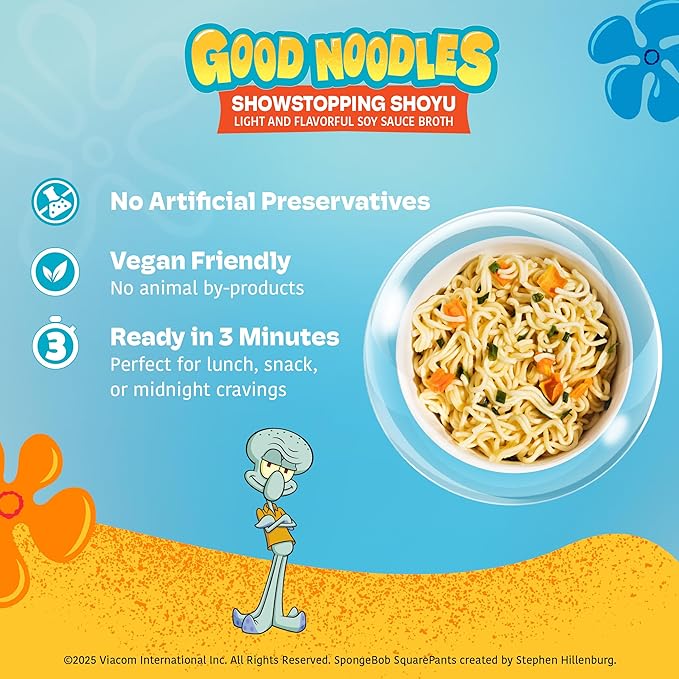 A-Sha &amp SpongeBob Squarepants Good Noodles (6 Pack) | Squidward Showstopping Shoyu Flavor | Better For You Microwaveable Ramen Soup Mix