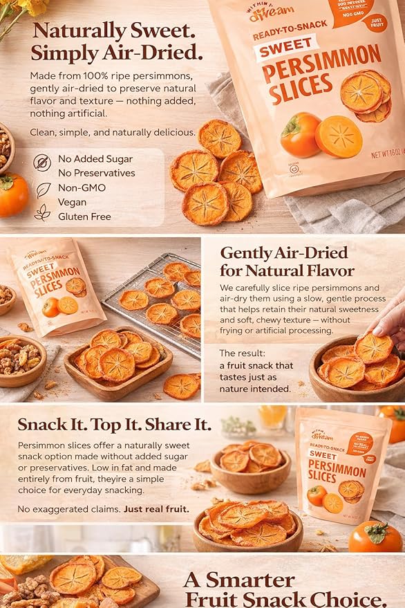Whitney Jordan Naturals Sweet Air-Dried Persimmon Slices - Ready to Snack No Added Sugar Non-GMO Vitamin-Packed Fruit Healthy On-the-Go Snack 16 Ounce Bag