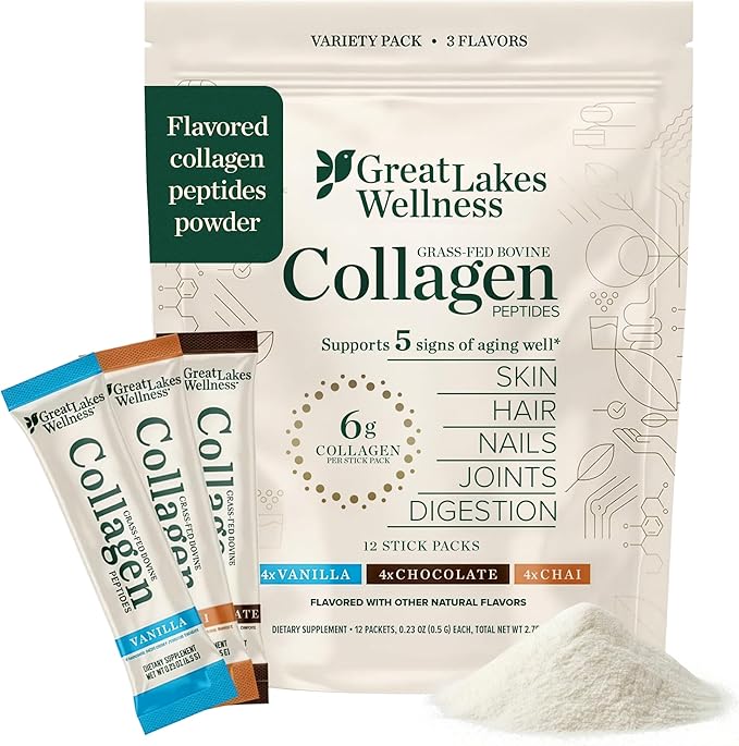 Great Lakes Wellness Collagen Peptides Powder for Skin Hair Nails Joints &amp Digestion - Variety Flavors - Quick Dissolve Hydrolyzed Non-GMO Kosher - 12 Sticks