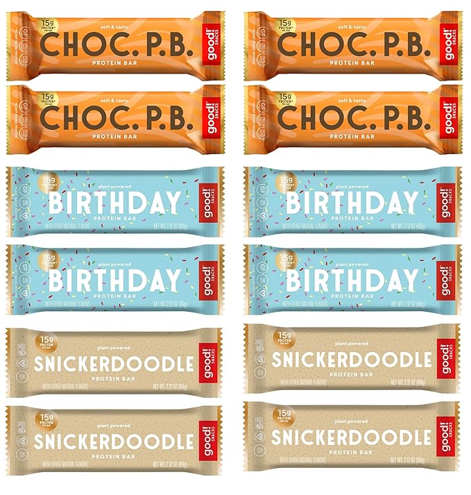 good! Snacks 3 Flavor Variety Pack Vegan Protein Bars Birthday Cake Chocolate Peanutbutter &amp Snickerdoodle Protein Bar Soy &amp Gluten Free Plant Based Low Sugar 15g Clean Protein Healthy