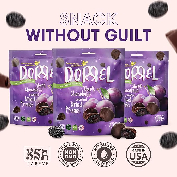DORREL - Belgian Dark Chocolate Covered Dried Prunes High Energy Vegan Choco Snack Delicious Kosher &amp Non-GMO Pack of 3 Dark Chocolate Fruit Bites 8.8 oz / 250 g Ea