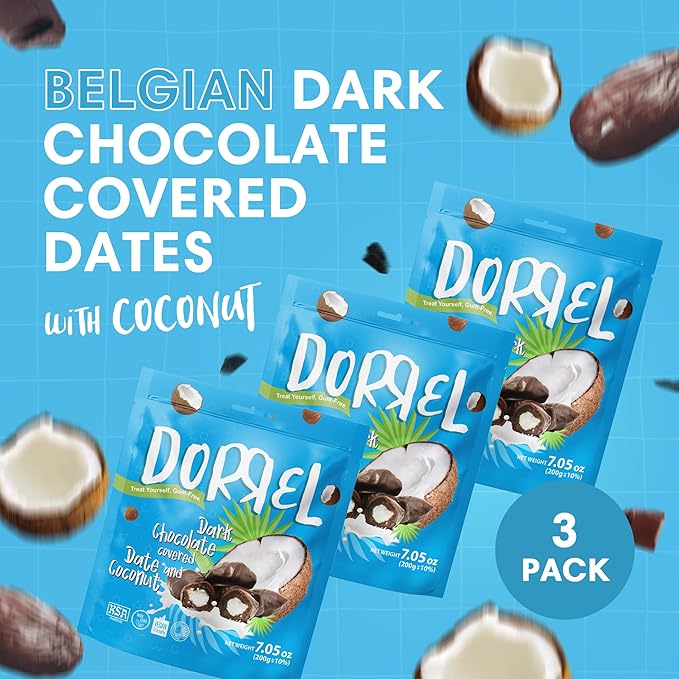 DORREL - Belgian Dark Chocolate Covered Dates (Medjool) with Coconut Stuffing High Energy Vegan Choco Snack Delicious Kosher &amp Non-GMO Pack of 3 Stuffed Chocolate Dates 7.05 oz / 200 g Ea