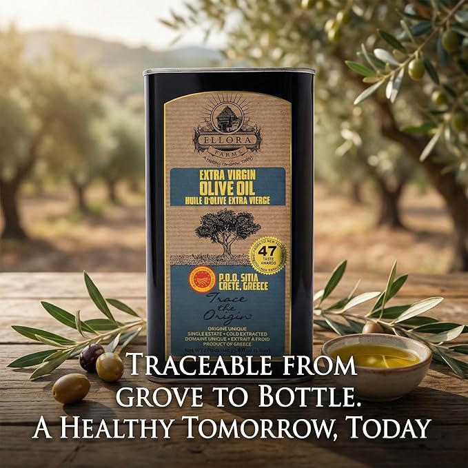Ellora Farms Greek Extra Virgin Olive Oil Certified PDO SITIA Single Estate Single Origin High in Phenols Cold Press &amp Traceable Olive Oil Crete Greece Kosher 1 Lt Tin (33.8 oz.)