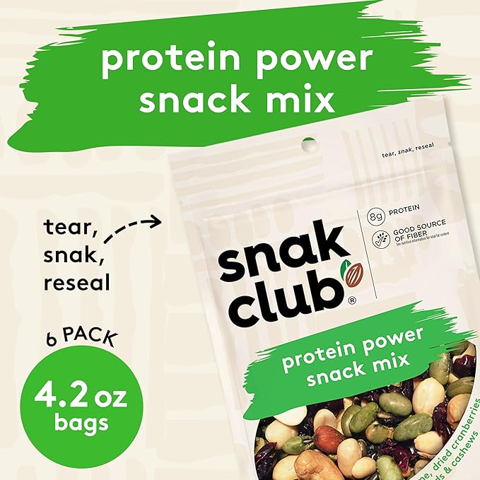Snak Club Protein Power Snack Mix with Peanuts Roasted Edamame Dried Cranberries Pumpkin Seeds Almonds and Cashews Gluten-Free and Kosher Trail Mix Snacks 4.2 oz Resealable Bags 6 Pack