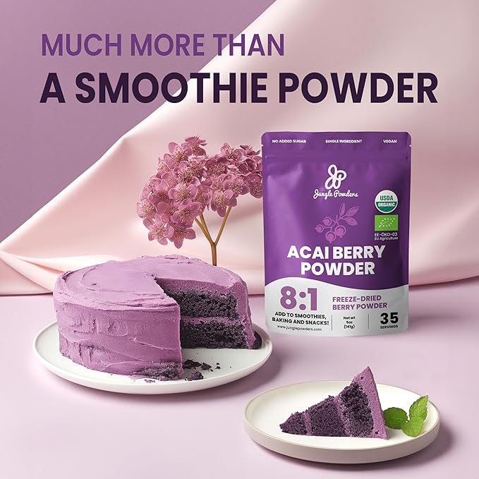 Jungle Powders Freeze Dried Strawberries Organic USDA Certified Strawberry Slices 3.2 Ounce Bag + Organic Acai Powder 5 Ounce Bag Freeze Dried Acai Berry Powder from Whole Berries