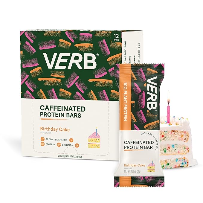 Verb Energy Caffeinated Bars – Lemon Energy (16) Chocolate Chip Cookie Dough Protein (12) Birthday Cake Protein (12) – 40 Count Variety Pack with Organic Green Tea