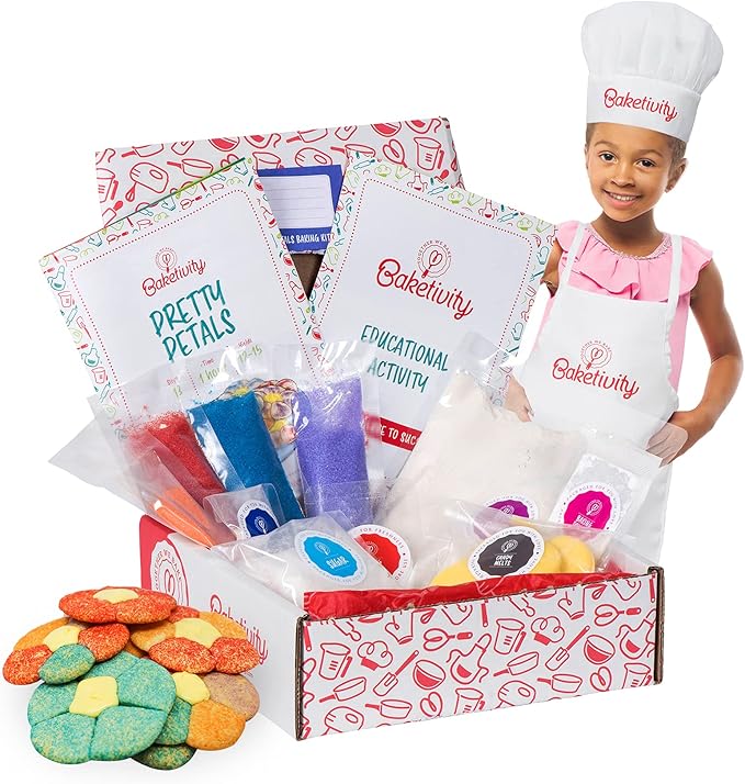 Baketivity Kids Baking Set Meal Cooking Party Supply Kit for Teens Real Fun Little Junior Chef Essential Kitchen Lessons Includes Pre-Measured Ingredients (Kit +Hat &amp Apron Pretty Petals)