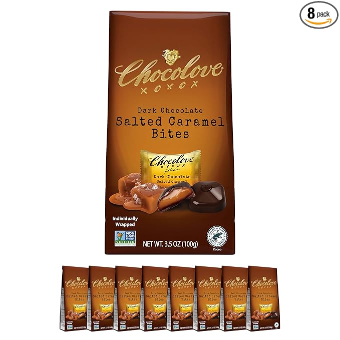 Chocolove Salted Caramel Chocolate Bites | 55% Cocoa | Silky Caramel with a Hint of Salt | Made with Premium Chocolate | Non-GMO &amp Gluten-Free 3.5 oz Pack (8 Pack)