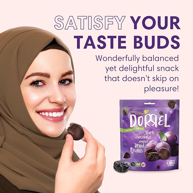DORREL - Belgian Dark Chocolate Covered Dried Prunes High Energy Vegan Choco Snack Delicious Kosher &amp Non-GMO Pack of 3 Dark Chocolate Fruit Bites 8.8 oz / 250 g Ea