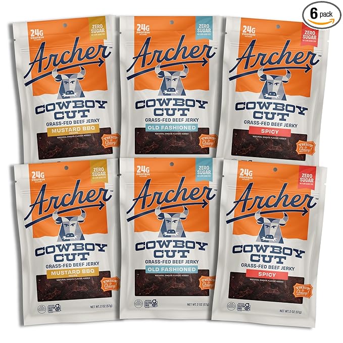 Archer Jerky Grass-Fed Beef Jerky Variety Pack - Protein Snack Packs Meat Snack Assortment Assorted Sampler with Classic Mustard BBQ and Spicy - 2 oz (Pack of 6)