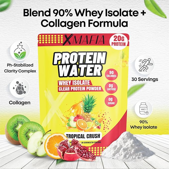 XMafia - Clear Whey Protein Isolate Powder – 20g Protein + Collagen Peptides 30 Servings Zero Sugar Refreshing Light Protein Drink Water Whey Powder Protein Shake Lactose Free – Tropical