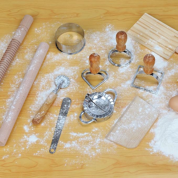 11 Pcs Pasta Making Tools Kit - Includes Wooden Gnocchi Board with Ravioli Stamp Cutter Threaded Rolling Pin Dumpling and Pasta Maker - Gift for Homemade kitchen Baking Lovers