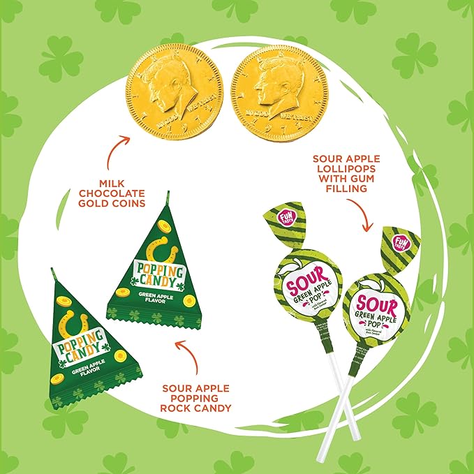 St Patrick's Day Candy Assortment - 3 Pound Bulk Pack - Milk Chocolate Gold Coins Sour Apple Popping Rocks and Gum Filled Lollipops - Individually Wrapped Party Favors