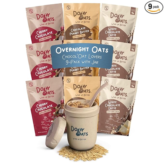 Dozy Oats Overnight Oatmeal Packets Chocol'oat Lover’s Variety Box with Rolled Oats Chia Seeds and Date Powder. Gluten-Free Natural Source of Protein and Fiber 9-Pack and Jar
