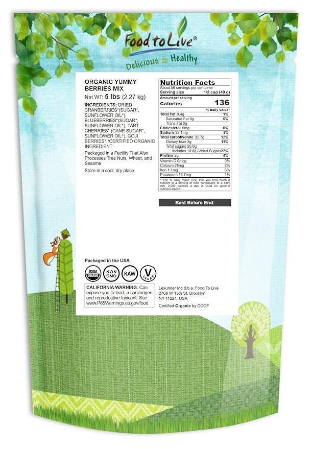 Food to Live - Organic Yummy Berries Mix 5 Pounds - A Blend of Non-GMO Dried Cranberries Blueberries Cherries Goji Berries Vegan Unsulfured Bulk