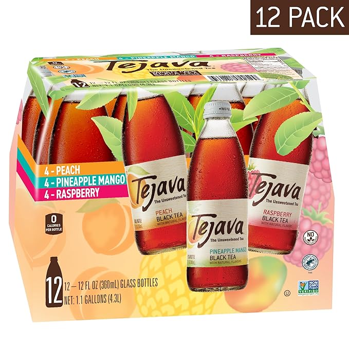Tejava Black Tea Sampler 12 ounce (12-Pack) Glass Unsweetened Peach Raspberry and Pineapple-Mango Ready-to-Drink Premium Iced Tea